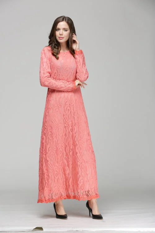 Vintage Lace Long Sleeve Maxi Kaftan Dress Women