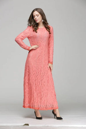 Vintage Lace Long Sleeve Maxi Kaftan Dress Women