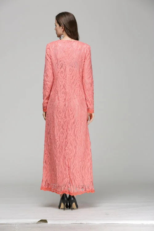 Vintage Lace Long Sleeve Maxi Kaftan Dress Women
