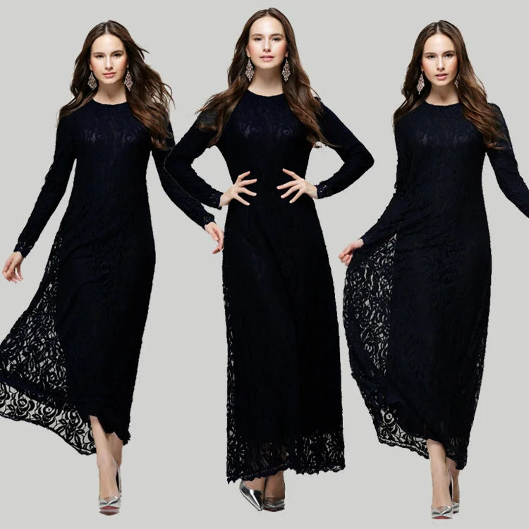 Vintage Lace Long Sleeve Maxi Kaftan Dress Women