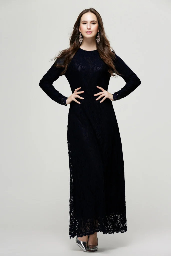 Vintage Lace Long Sleeve Maxi Kaftan Dress Women