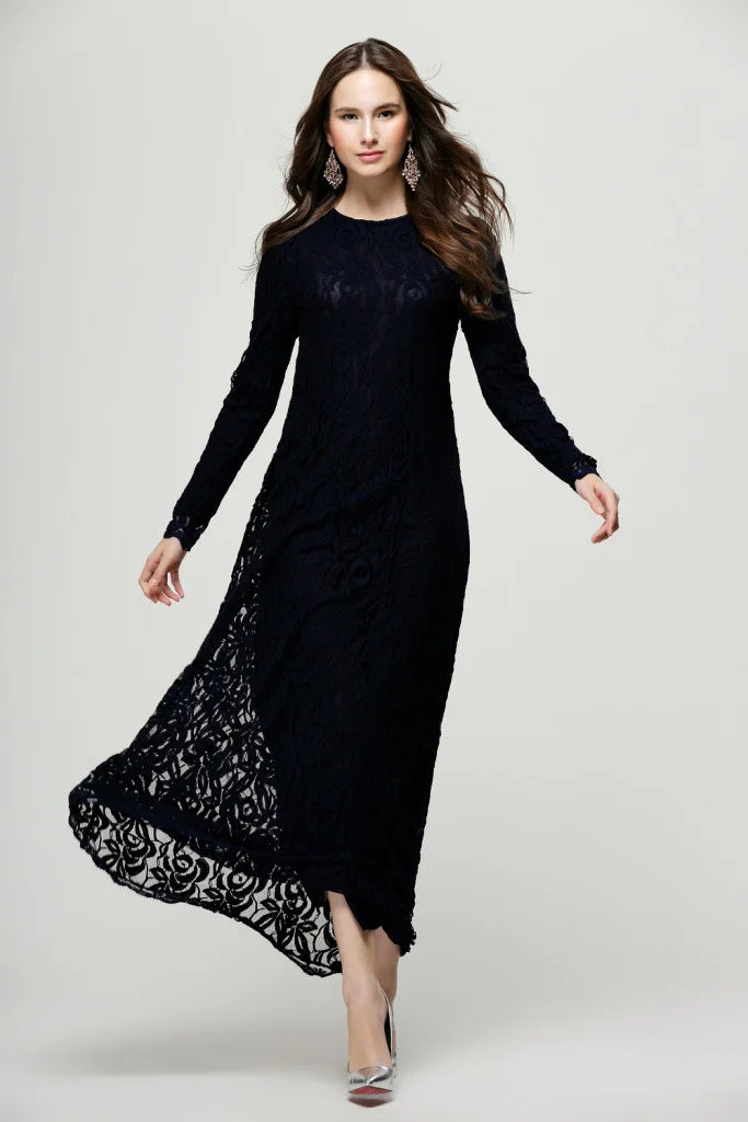Vintage Lace Long Sleeve Maxi Kaftan Dress Women