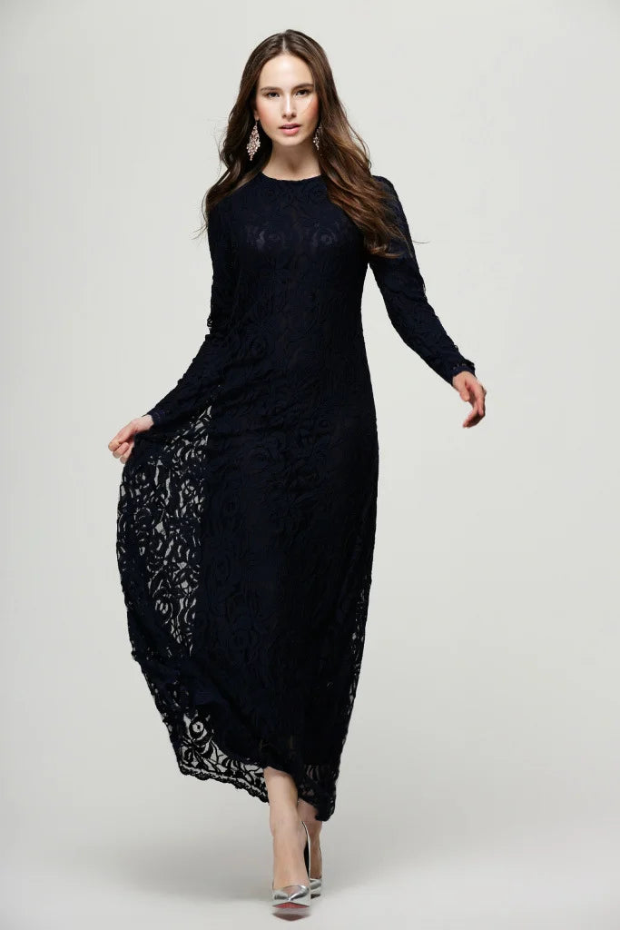 Vintage Lace Long Sleeve Maxi Kaftan Dress Women