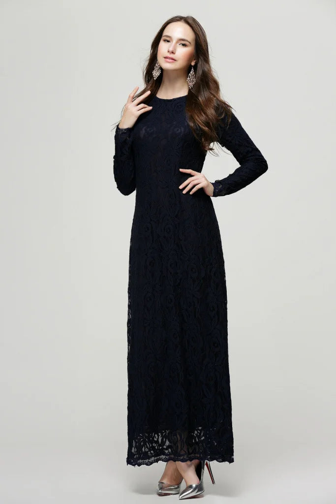 Vintage Lace Long Sleeve Maxi Kaftan Dress Women