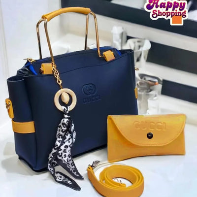 Style Handbag Set | Navy Blue Mustard Bag with Scarf