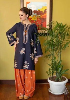 Blue Embroidered Lawn Kurta Set | Women Orange Trouser Suit