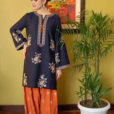 Blue Embroidered Lawn Kurta Set | Women Orange Trouser Suit