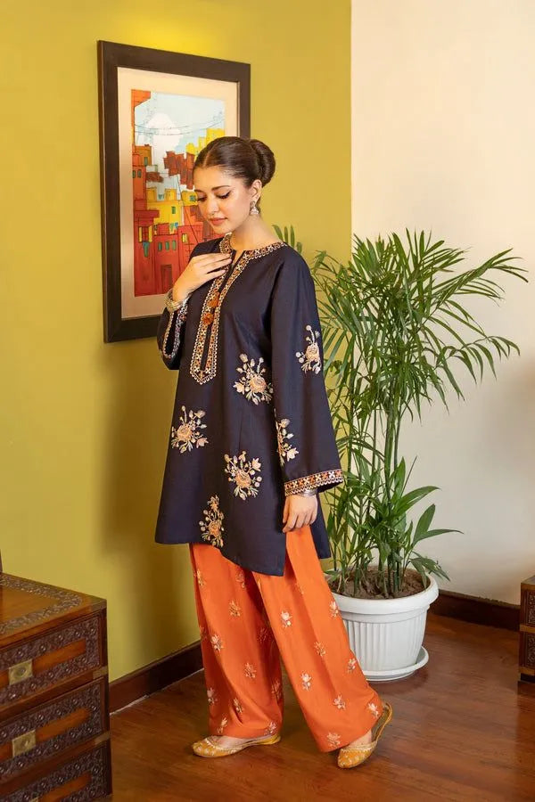 Blue Embroidered Lawn Kurta Set | Women Orange Trouser Suit