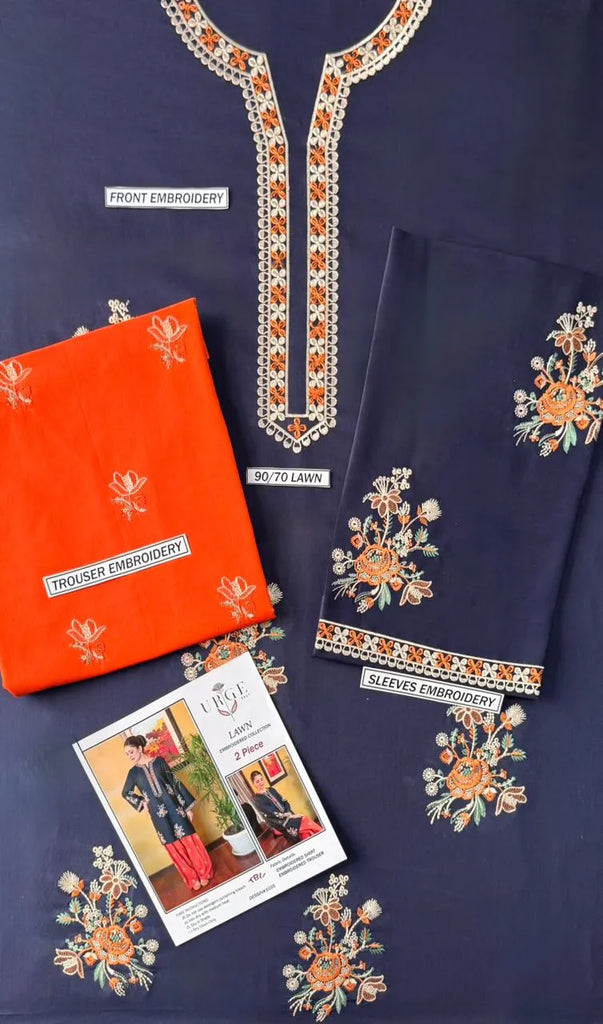 Blue Embroidered Lawn Kurta Set | Women Orange Trouser Suit