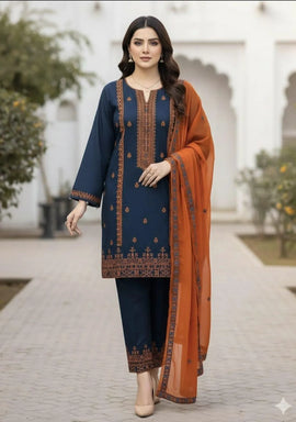 Blue Embroidered Lawn Suit 3 Piece | Women Dress with Dupatta