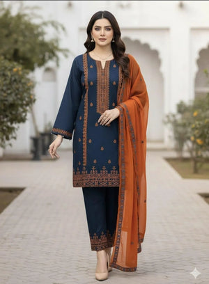 Blue Embroidered Lawn Suit 3 Piece | Women Dress with Dupatta