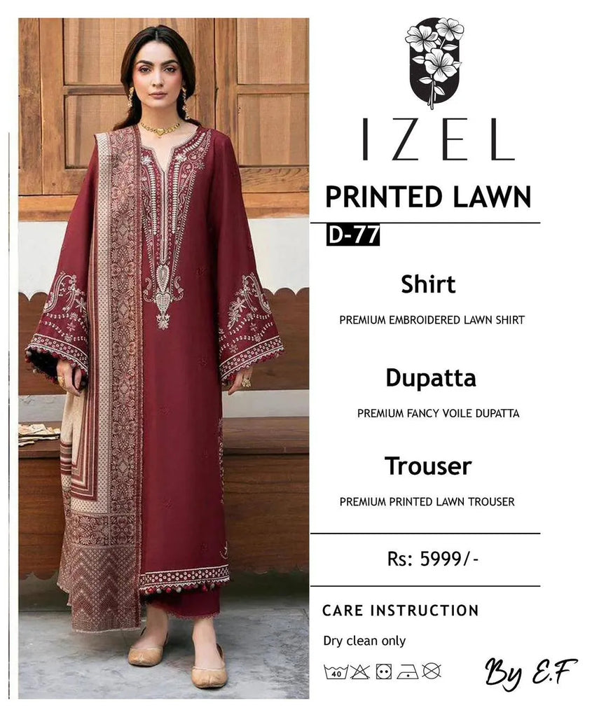 Maroon Embroidered Lawn Suit 3 Piece | Women Dress with Dupatta