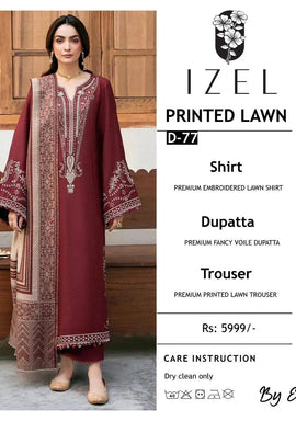 Maroon Embroidered Lawn Suit 3 Piece | Women Dress with Dupatta