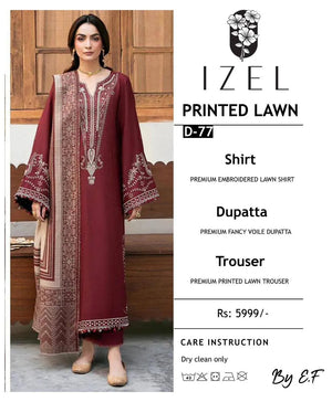 Maroon Embroidered Lawn Suit 3 Piece | Women Dress with Dupatta