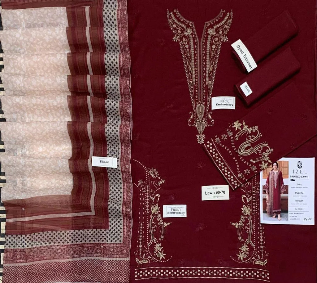Maroon Embroidered Lawn Suit 3 Piece | Women Dress with Dupatta