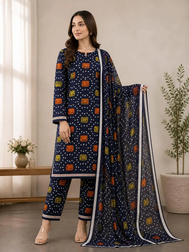 Blue Printed Lawn 3 Piece Suit | Chunri Style Shirt Trouser Dupatta