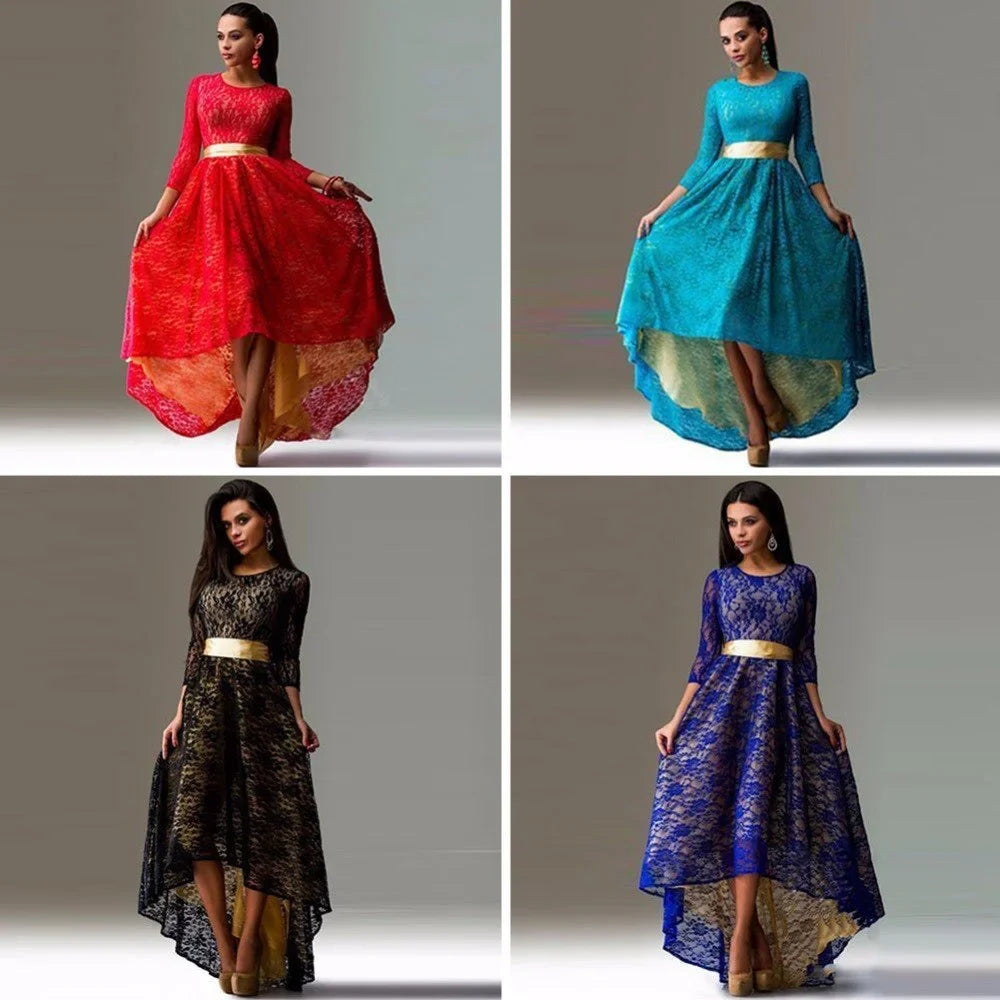 Women Vintage Lace Maxi Dress Elegant Slim Evening Party