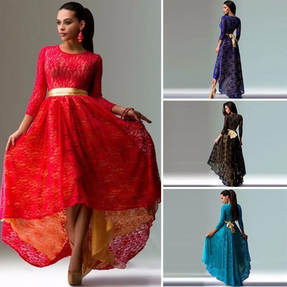 Women Vintage Lace Maxi Dress Elegant Slim Evening Party