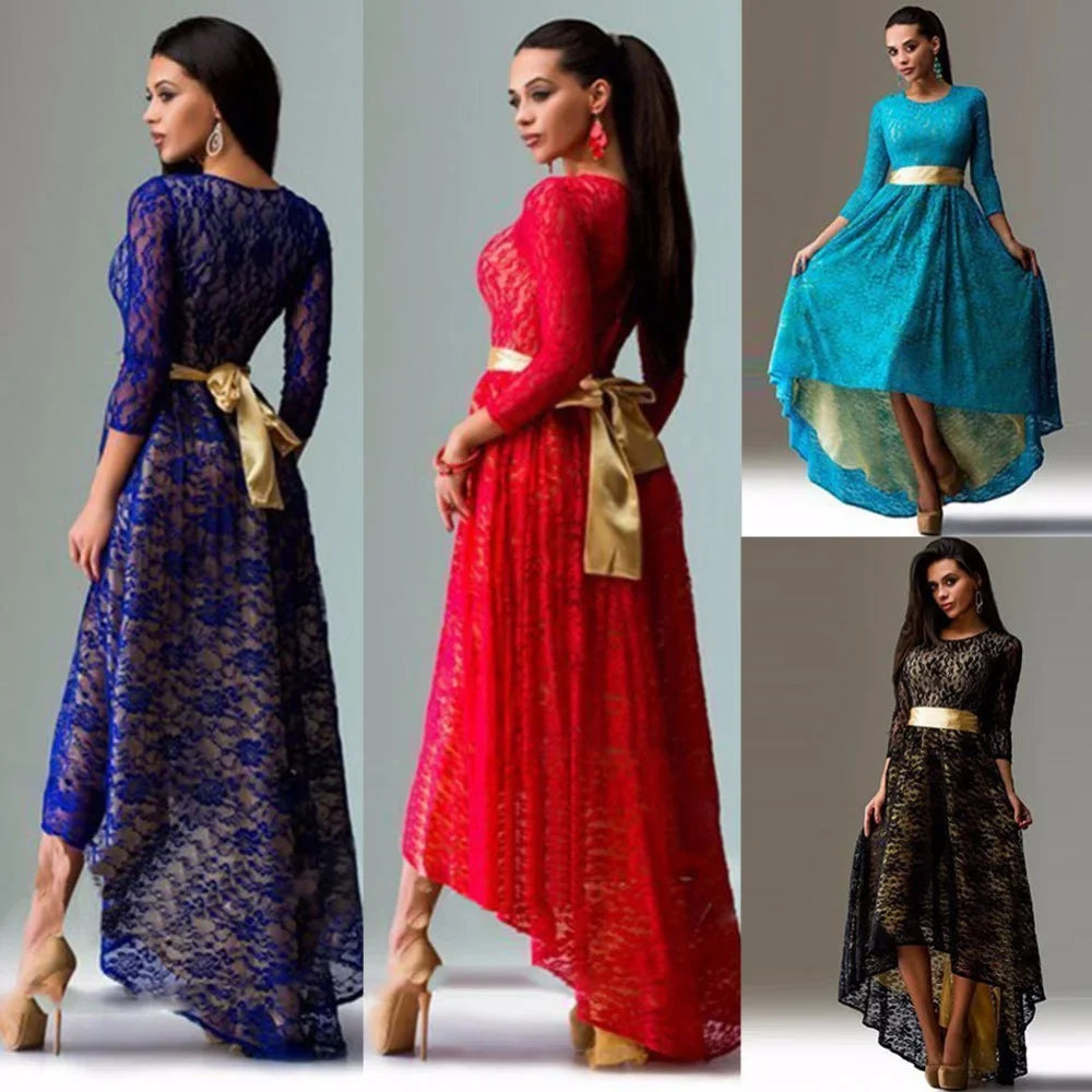 Women Vintage Lace Maxi Dress Elegant Slim Evening Party