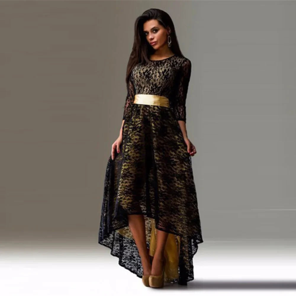 Women Vintage Lace Maxi Dress Elegant Slim Evening Party