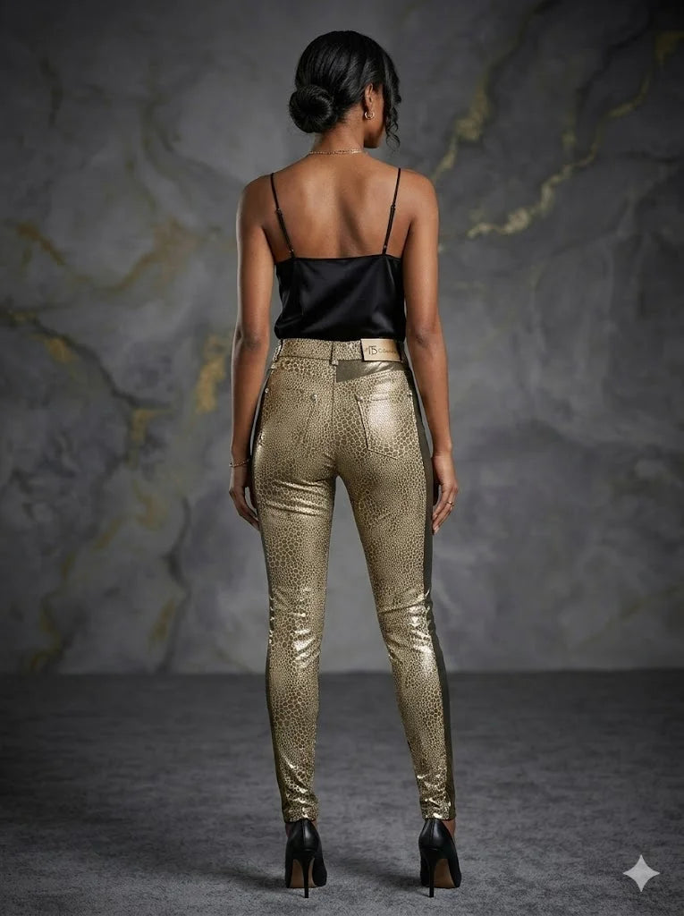 Metallic Gold Leopard Skinny Pants High Rise Stretch