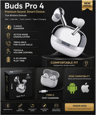 Buds Pro 4 Wireless Bluetooth Earbuds – Premium Sound & Touch Control