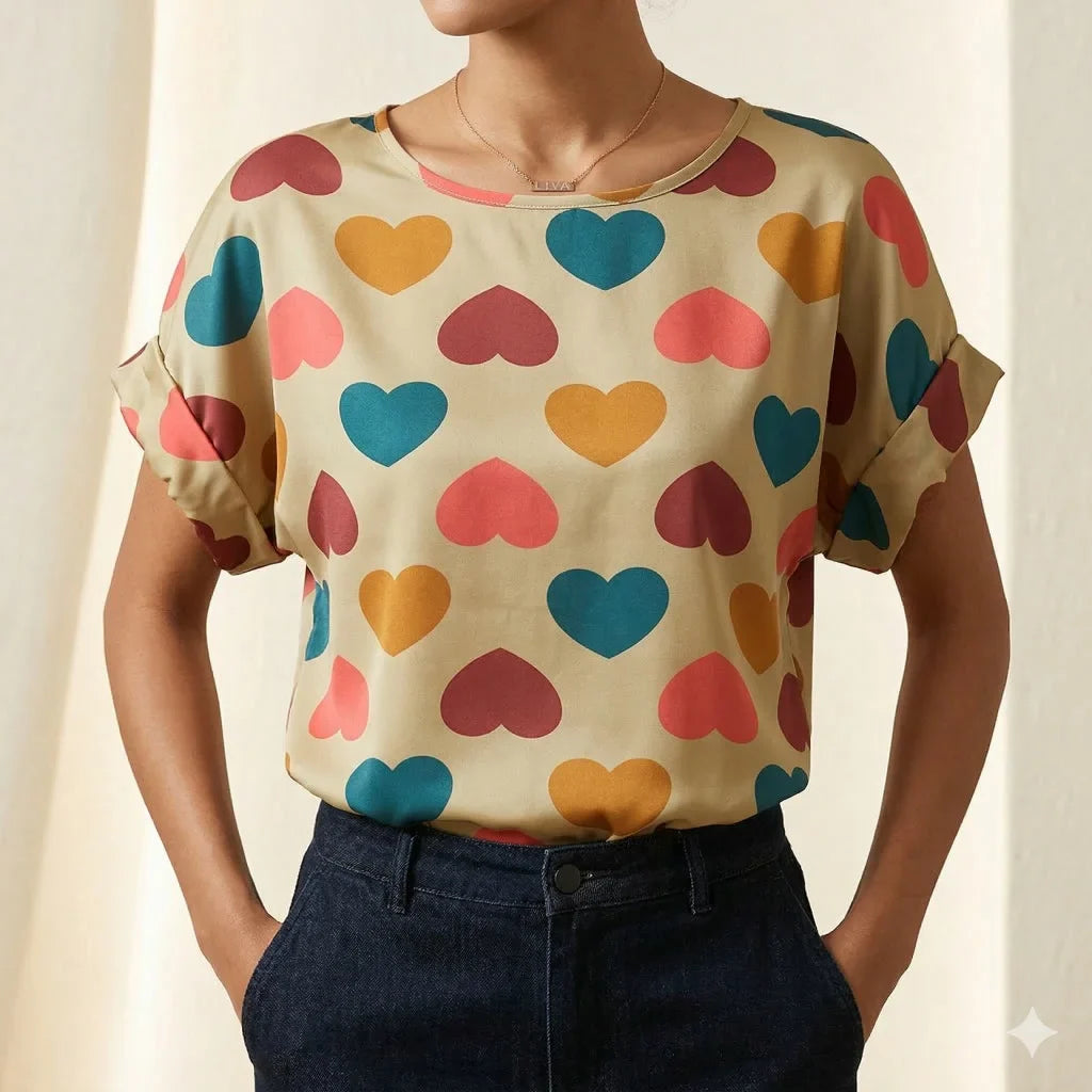 LIVA Heart Print Chiffon Blouse Short Sleeve Women