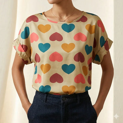 LIVA Heart Print Chiffon Blouse Short Sleeve Women
