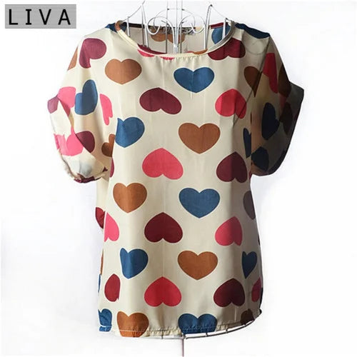 LIVA Heart Print Chiffon Blouse Short Sleeve Women