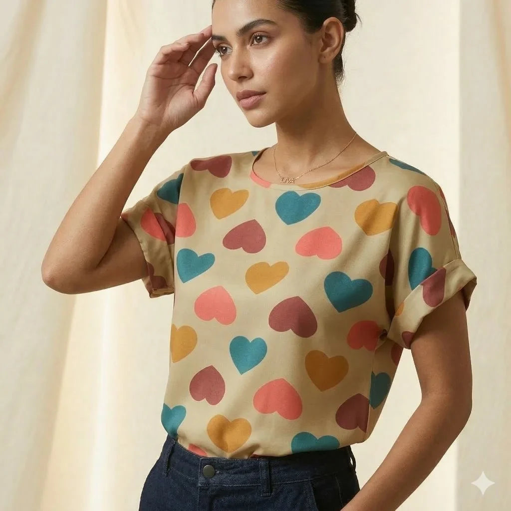 LIVA Heart Print Chiffon Blouse Short Sleeve Women