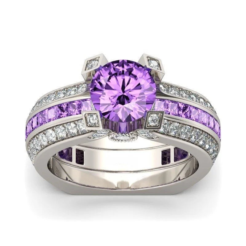 Purple Amethyst Bridal Ring Set Women White Gold Filled