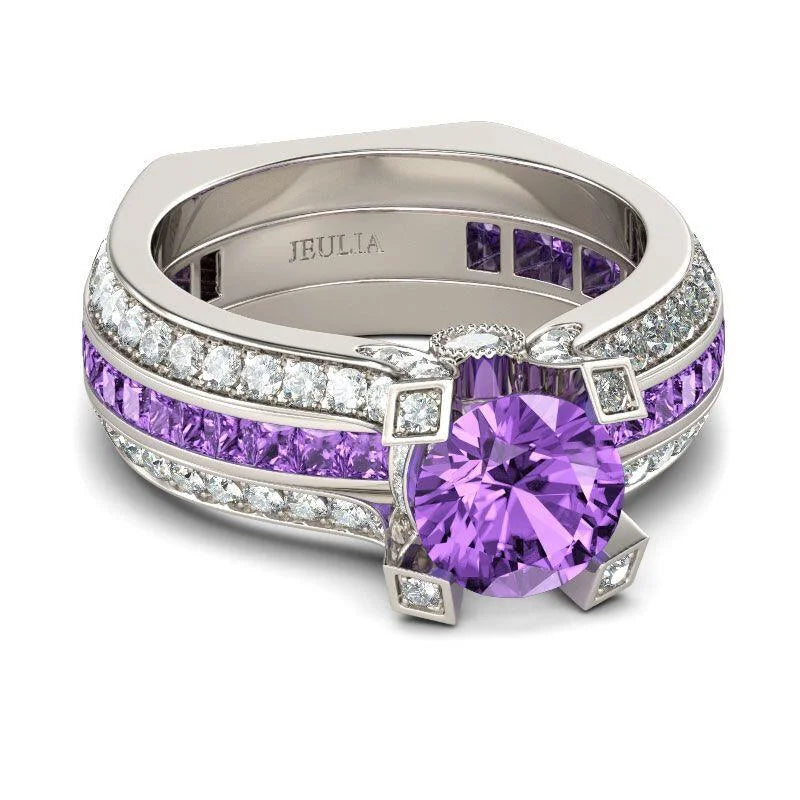 Purple Amethyst Bridal Ring Set Women White Gold Filled