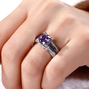 Purple Amethyst Bridal Ring Set Women White Gold Filled