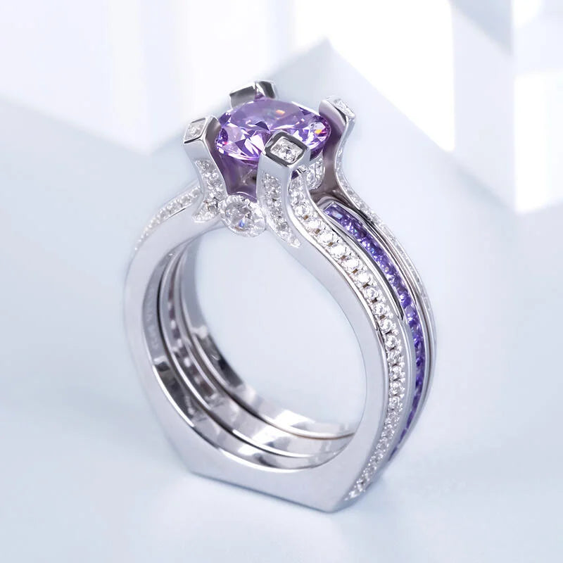 Purple Amethyst Bridal Ring Set Women White Gold Filled