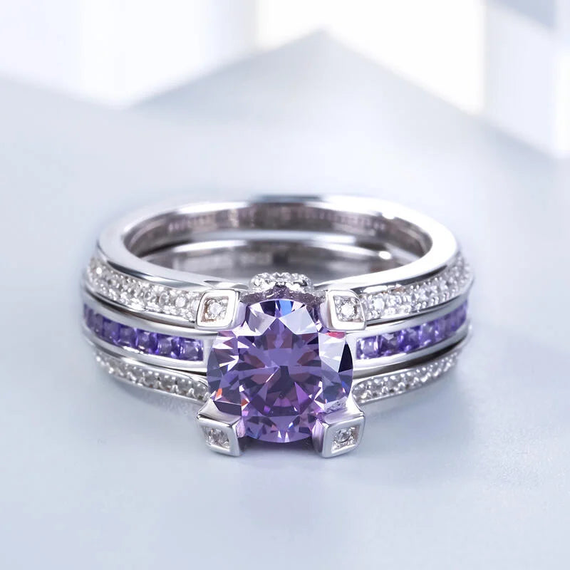 Purple Amethyst Bridal Ring Set Women White Gold Filled