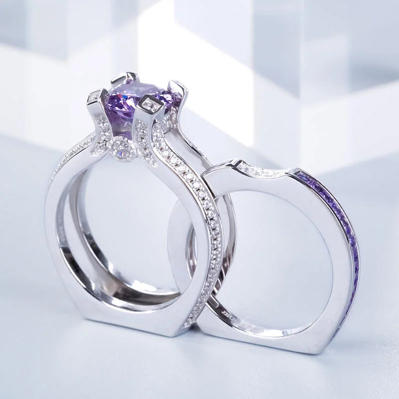 Purple Amethyst Bridal Ring Set Women White Gold Filled
