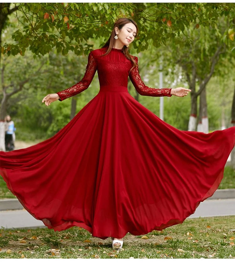 Red Lace Sleeve Chiffon Maxi Dress Pleated Long Women