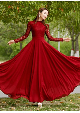 Red Lace Sleeve Chiffon Maxi Dress Pleated Long Women