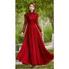 Red Lace Sleeve Chiffon Maxi Dress Pleated Long Women