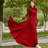 Red Lace Sleeve Chiffon Maxi Dress Pleated Long Women