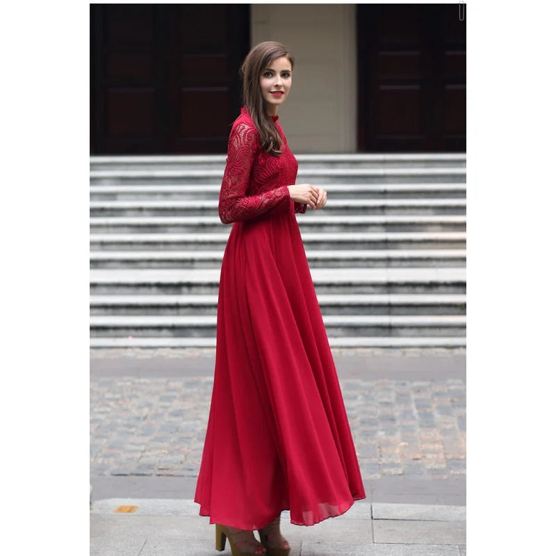 Red Lace Sleeve Chiffon Maxi Dress Pleated Long Women