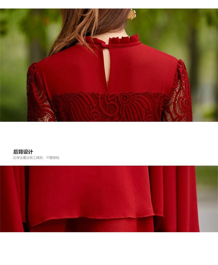 Red Lace Sleeve Chiffon Maxi Dress Pleated Long Women