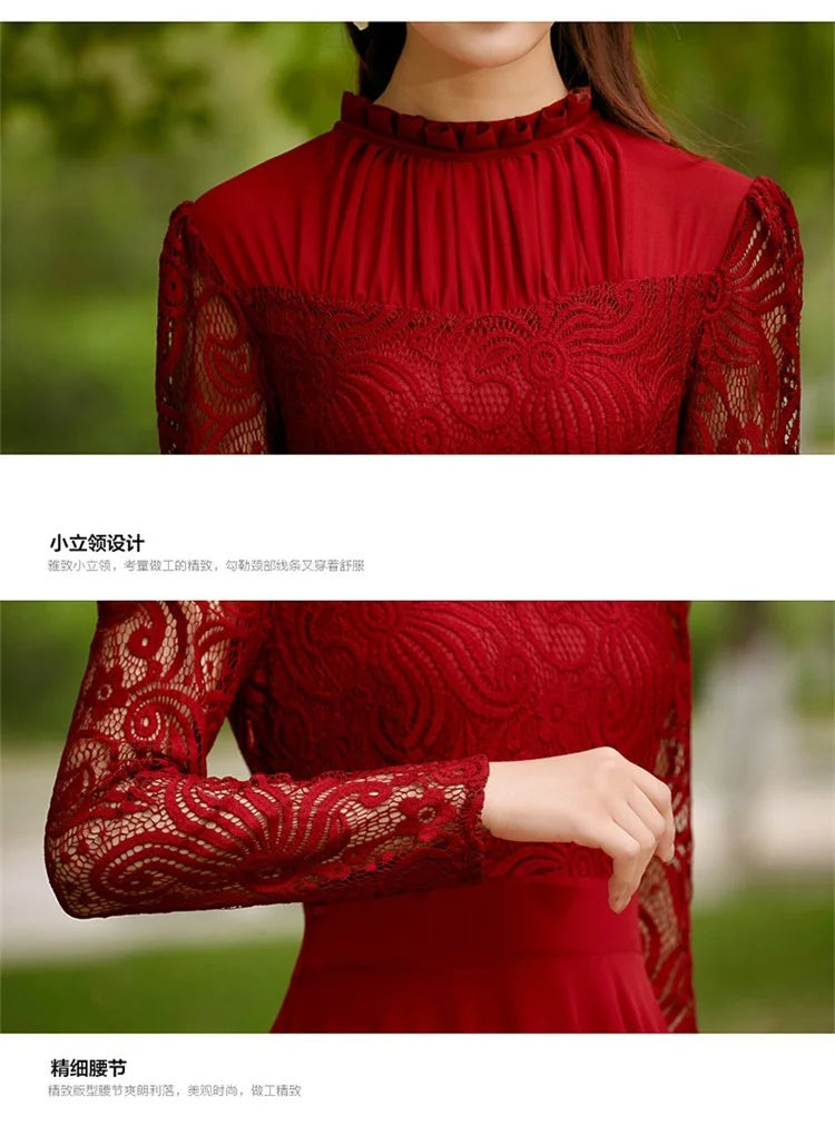 Red Lace Sleeve Chiffon Maxi Dress Pleated Long Women