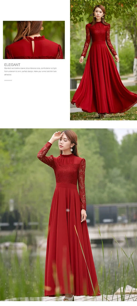 Red Lace Sleeve Chiffon Maxi Dress Pleated Long Women