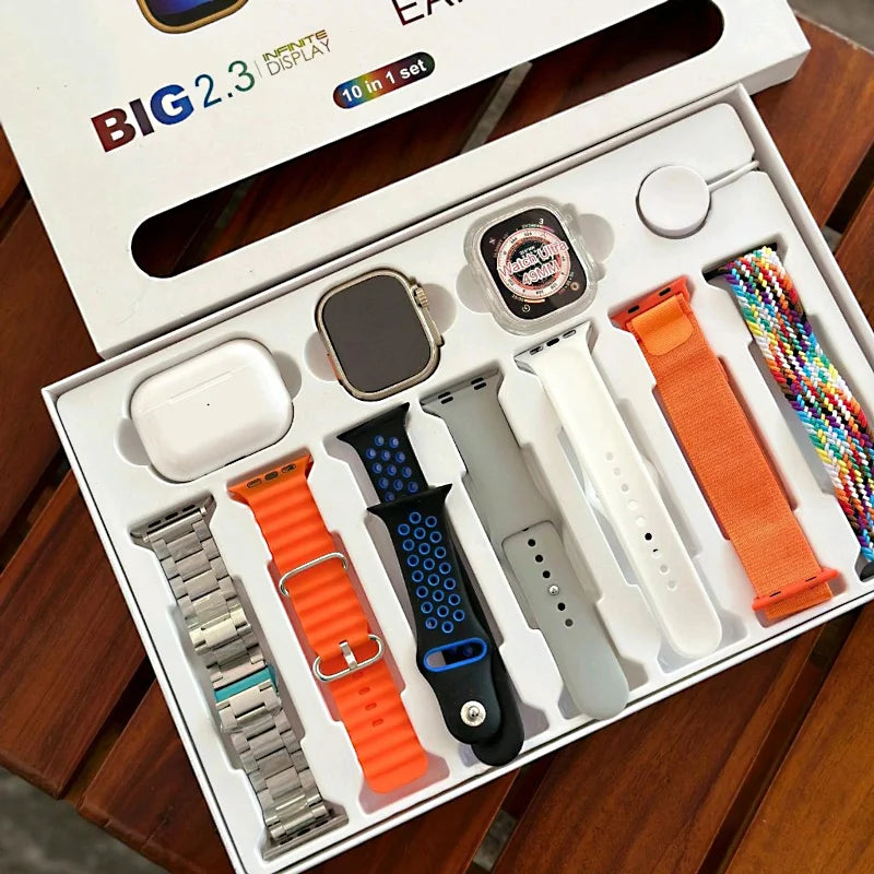I20 Ultra Max Suit 10-in-1 Smartwatch Bundle | 2.3” HD Display, Bluetooth Calling & Earbuds