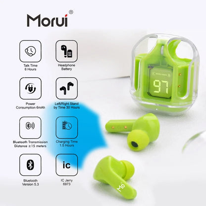 Morui MB-1 Crystal Case Wireless Earbuds with ENC Noise Cancellation | Gaming TWS Bluetooth Earbuds