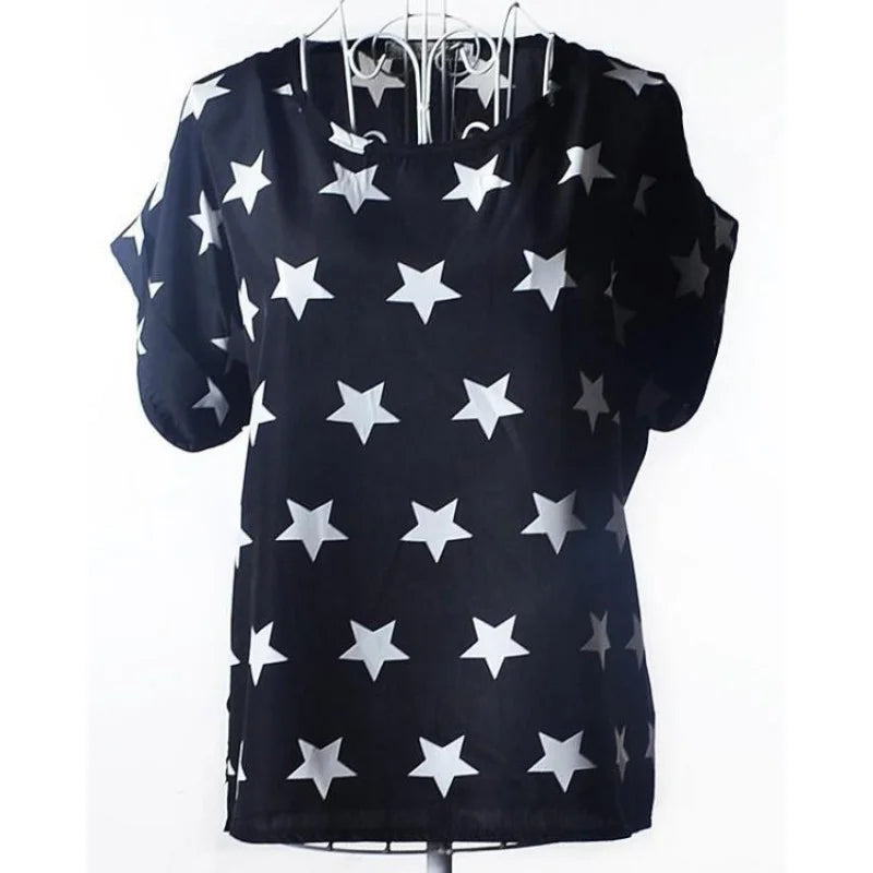 LIVA Star Print Chiffon Shirt Women Short Sleeve Blouse