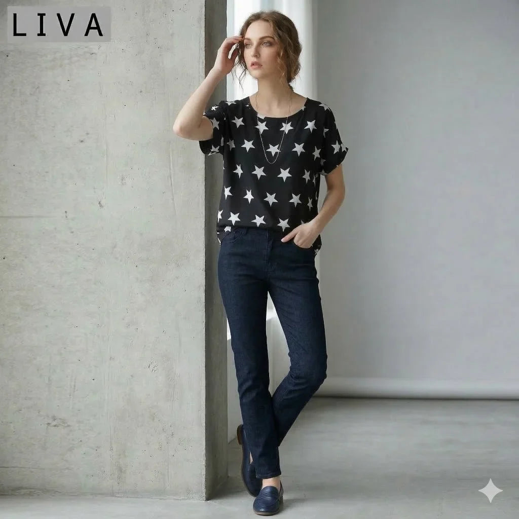LIVA Star Print Chiffon Shirt Women Short Sleeve Blouse