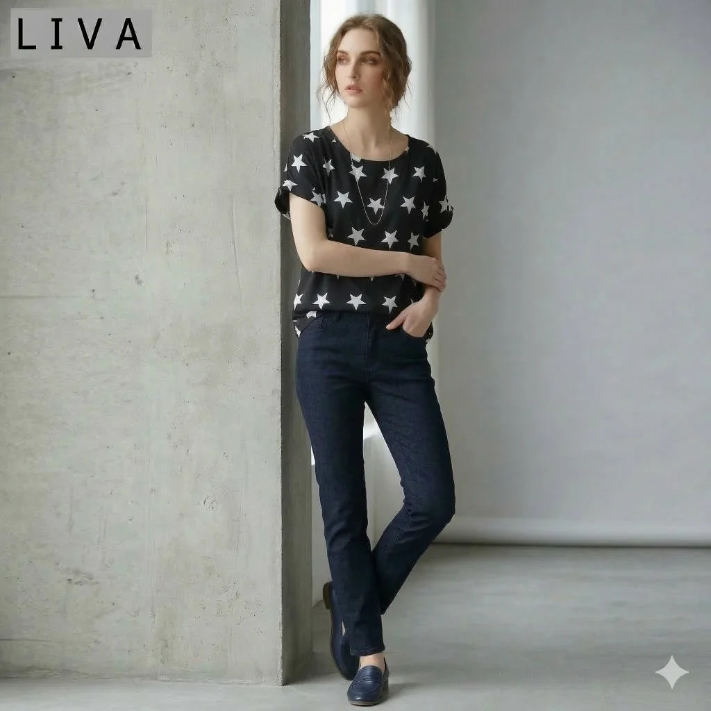 LIVA Star Print Chiffon Shirt Women Short Sleeve Blouse