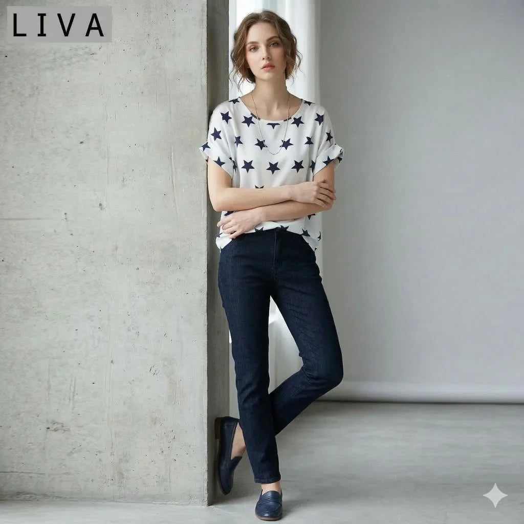 LIVA Star Print Chiffon Shirt Women Short Sleeve Blouse